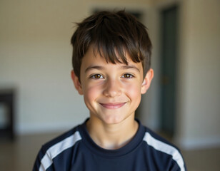 A cheerful young boy stands indoors, radiating joy with a warm smile. His playful spirit reflects the essence of childhood. The cozy environment enhances his charming presence Generative AI