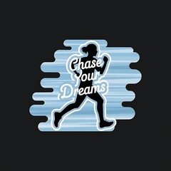 Chase Your Dreams—dreamy cloud theme with running silhouette, calming blue and white, with thick white sticker-style outline around the design, solid black background