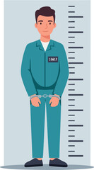 Prisoner standing in front of height measurement chart wearing handcuffs and prison uniform vector illustration