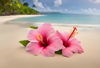 pink hibiscus and plumeria blossoms on sandy beach