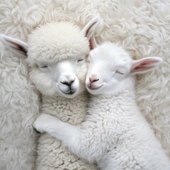 Two fluffy white lambs cuddle closely with closed eyes, showcasing a tender and peaceful moment of affection.
