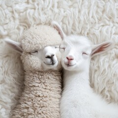 Naklejka premium Two adorable baby animals, a curly-haired alpaca and a smooth-coated goat, cuddle closely with eyes closed on a soft, white textured background.