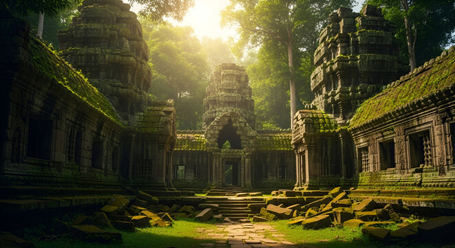 Ancient temple ruins bathed in golden morning light, nestled deep within a lush and overgrown tropical forest