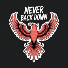 Fototapeta premium Never Back Down—rising phoenix design, intense red-orange scheme, with thick white sticker-style outline around the design, solid black background, high contrast, centered composition