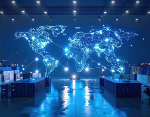 Futuristic Digital World Map Display with Technology Hub and Data Connectivity Visualization