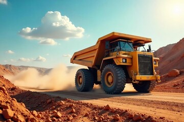 Obraz premium Massive Mining Dump Truck Hauling Ore Across a Dusty Landscape Under a Vast Sunny Sky. The impressive scale of the earthmoving vehicle is highlighted against the dramatic, rugged terrain.