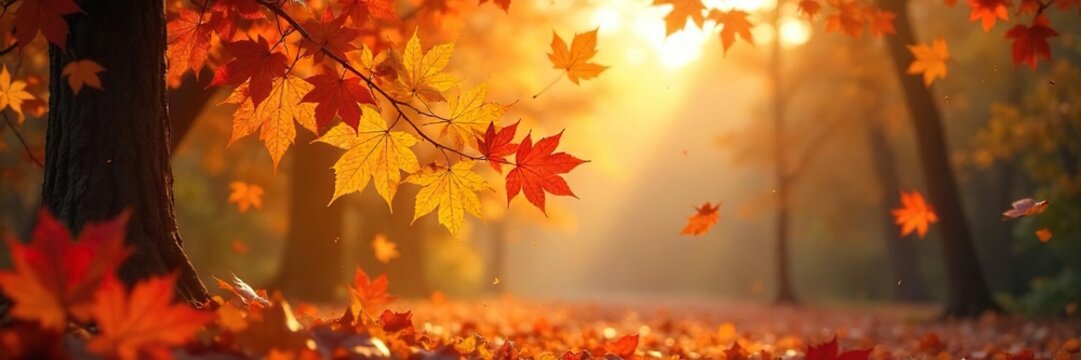 Autumn leaves swirling and dancing in a vibrant, breezy autumn scene Crisp air, golden sunlight filters through the branches, creating a magical atmosphere , windy, oak - Powered by Adobe