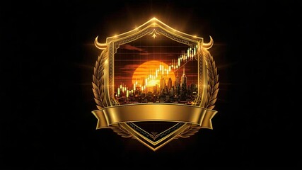 Golden Shield: Cityscape Sunrise and Rising Market Graph Animation