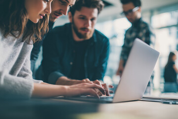 Coworkers collaborate on a business project in modern coworking space