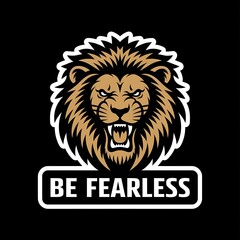 Obraz premium Be Fearless—roaring lion head icon, black and gold color scheme, with thick white sticker-style outline around the design, solid black background, high contrast, centered composition