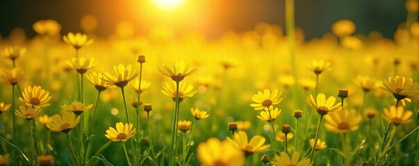 Fototapeta premium Golden Sunlight Bathes Vibrant Yellow Wildflowers in a Serene Field, Evoking Peace and Tranquility. Perfect for Spiritual, Nature, and Wellness Projects.