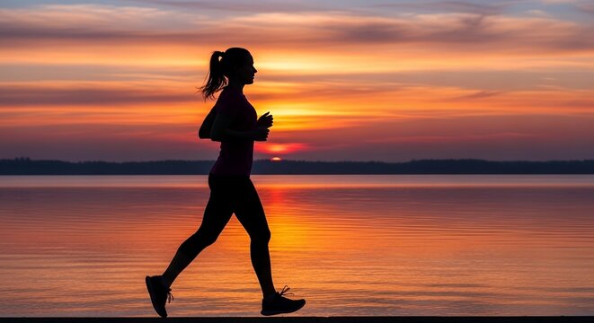 Silhouette of a woman jogging at sunset by the water