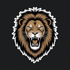 Obraz premium Be Fearless—roaring lion head icon, black and gold color scheme, with thick white sticker-style outline around the design, solid black background, high contrast, centered composition