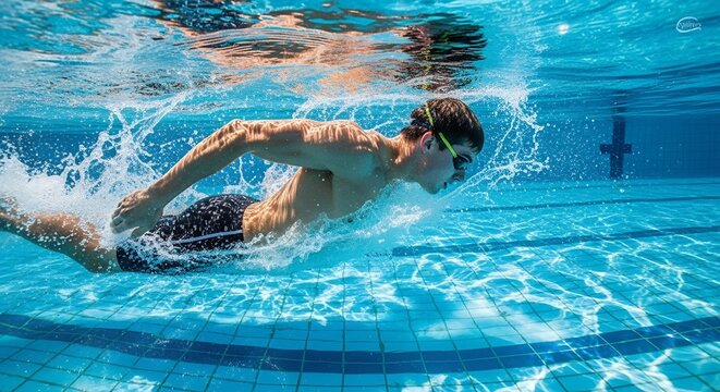 Underwater swimmer in dynamic motion splashing water