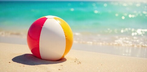 Obraz premium A brightly colored beach ball floats gently on a sun-drenched sandy beach, the perfect image of summer fun and carefree days Ideal for travel, vacation, and summer-themed projects , tropical, waves