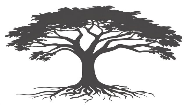 Majestic Tree Silhouette with Exposed Roots, Nature Illustration