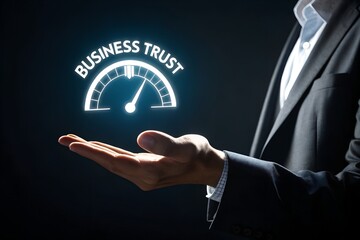 Trust partnership concept with businessman holding digital handshake icon, representing reliable cooperation, strategic success, long-term business relationships, B2B marketing, consulting.