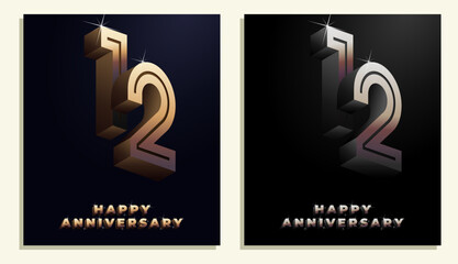 3d Year Anniversary Gold Metal Colour 12th, 12th Happy Anniversary with Elegant Colour, Luxury and Modern.