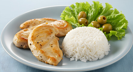 Delicious grilled chicken breast with fluffy white rice and fresh salad greens with olives