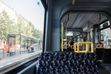 The view from a window seat inside a modern tram in Berlin, Germany