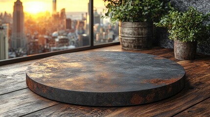 Fototapeta premium Rustic round surface on wooden planks with city view.