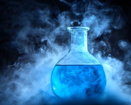 Mysterious Blue Potion in Glass Flask with Smoke