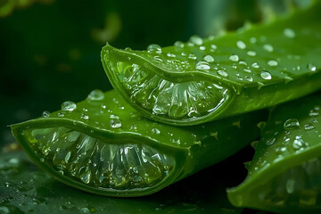Close-up of juicy aloe vera slices with dewy water droplets on dark green leaves.