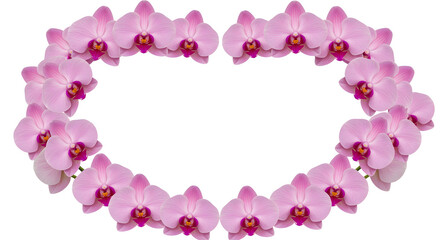 Heart shaped frame of delicate pink orchids on a white background