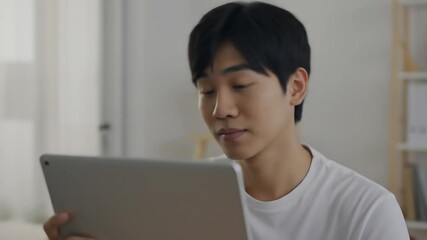 young adult tilting head while reading something on screen
