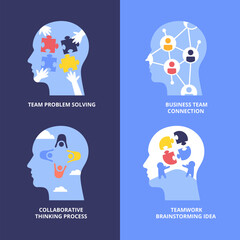 Set of Head Icon Symbol Concept Sign Collection. Labeled Team Problem Solving Icon, Business Team Connection Icon, Collaborative Thinking Success Icon, Teamwork Brainstorm Idea Icon with Puzzle