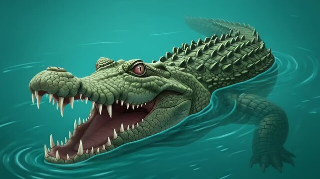 Animated Crocodile Swimming in Water, Showing Teeth and Aggression