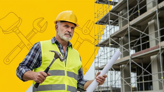 Construction Worker with Plans at a Building Site
