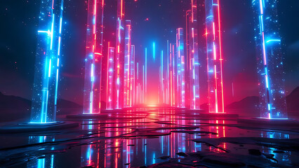 Fototapeta premium Digital Light Tunnel with Neon Glowing Rays