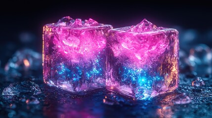 Fototapeta premium Two vibrant, glowing ice cubes with inner light patterns.