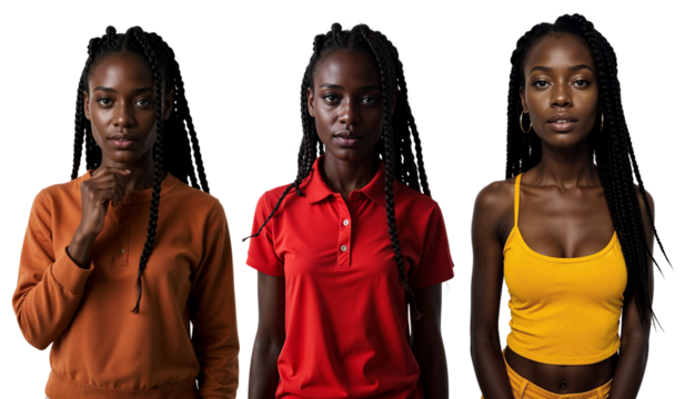 Different set of African woman in brown red yellow outfits sweater polo shirt blouse top with black  braid hair isolated against transparent backgroned