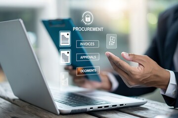 Businessman managing digital procurement process with contract, invoice, approval documents, representing B2B sourcing, vendor management, supply chain, e-procurement, paperless contract workflow.