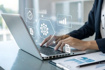 Businessman managing digital procurement process with contract, invoice, approval documents, representing B2B sourcing, vendor management, supply chain, e-procurement, paperless contract workflow.