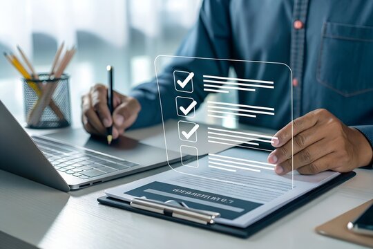 Businessman managing digital procurement process with contract, invoice, approval documents, representing B2B sourcing, vendor management, supply chain, e-procurement, paperless contract workflow.