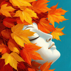 Serene Woman Surrounded by Vibrant Autumn Leaves in Gentle Breeze