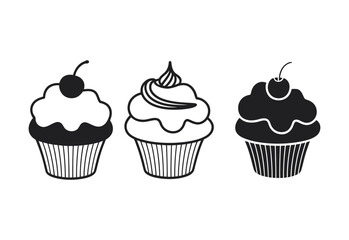 Three stylized black and white cupcakes with cherries on top and striped wrappers