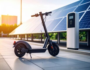 Electric scooter parked near solar panels in urban setting during sunset
