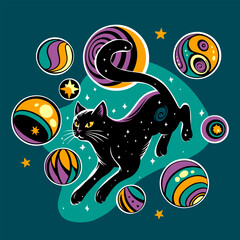 A cosmic black cat leaps amid vibrant, abstract orbs and stars on a dark teal background with a whimsical, magical atmosphere. Ideal for T-shirts, posters, book covers, digital art.