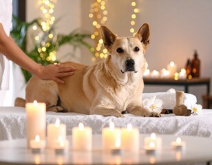 Relaxing Dog at Spa with Candles and Soft Lighting in Tranquil Environment