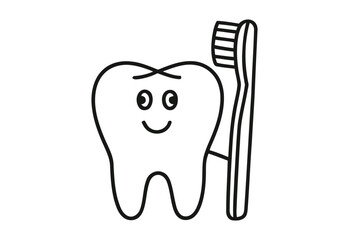 Happy cartoon tooth with a toothbrush for dental hygiene and oral care