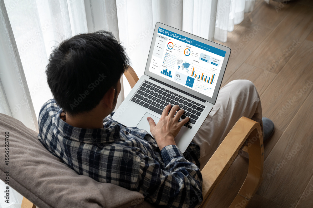 Poster computer software for website traffic analytics data on computer screen. concept of seo search engin