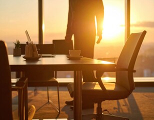 Professional Man Standing Near Office Table with Sunset View Through Big Windows