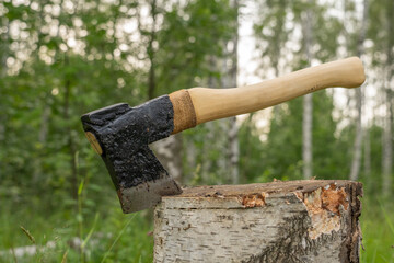 Finnish axe in a birch forest.