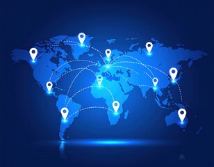 Global Connection Map with Location Pins Across Continents and Bright Blue Background