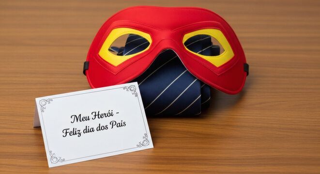 Father's Day Superhero Mask with Tie and Card Saying My Hero on Wooden Background for Dad Celebration, dia dos pais - Powered by Adobe