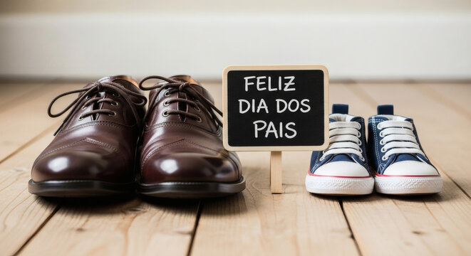 Father's Day Brown Shoes and Child Sneakers with Chalkboard Message on Wooden Floor for Dad Celebration, dia dos pais - Powered by Adobe